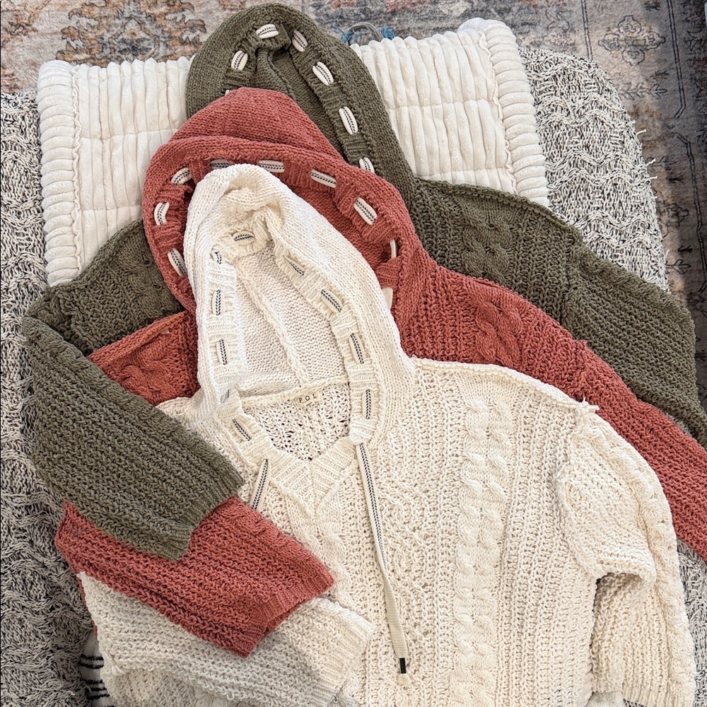 Cozy Knit Hooded Sweater - Cream, Olive, and Rust